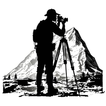 Vector illustration of a photographer and mountains in black silhouette against a clean white background, capturing graceful forms.