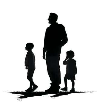 Vector illustration of father with son and daughter in black silhouette against a clean white background, capturing graceful forms.