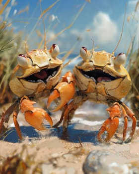 Cartoon, 3D, two crabs walking in the water along the shore. Selective focus.