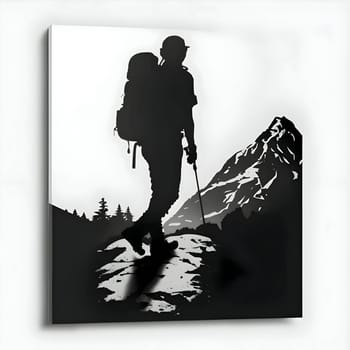 Vector illustration of a man walking on the mountains in black silhouette against a clean white background, capturing graceful forms.