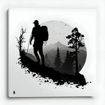 Vector illustration of a man walking on the mountains in black silhouette against a clean white background, capturing graceful forms.