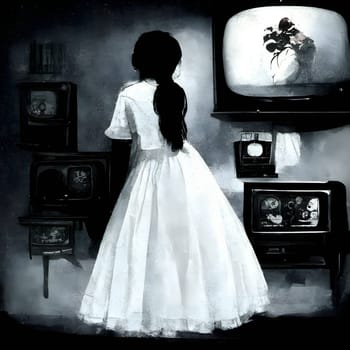 Vector illustration of a girl and tv in black silhouette against a clean white background, capturing graceful forms.