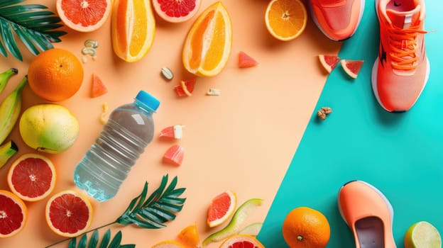 A variety of colorful fruits and vegetables are displayed on the azure table. These products are vibrant and fresh ingredients for delicious cuisine AIG50