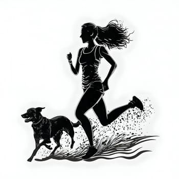 Vector illustration of a running woman with a dog in black silhouette against a clean white background, capturing graceful forms.