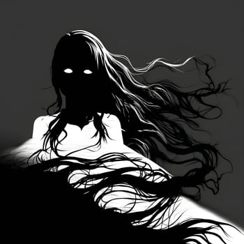 Vector illustration of a demonic woman in black silhouette against a clean grey background, capturing graceful forms.