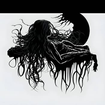 Vector illustration of a woman with long hair in black silhouette against a clean white background, capturing graceful forms.