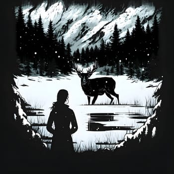 Vector illustration of a girl, moose, lake and forest in black silhouette against a clean white background, capturing graceful forms.silhouette, black, black silhouette, illustration, vector, design, drawing, shadow art, black art, dark silhouette, white background, abstract, isolated,