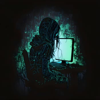 Vector illustration of a girls in front of the monitor in black silhouette against a clean green background, capturing graceful forms.