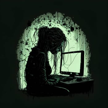 Vector illustration of a girls in front of the monitor in black silhouette against a clean green background, capturing graceful forms.