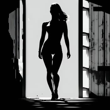 Vector illustration of a nude woman in black silhouette against a clean white background, capturing graceful forms.