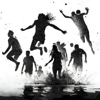 Vector illustration of a group of people jumping in water in black silhouette against a clean white background, capturing graceful forms.