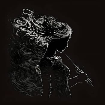 Vector illustration of a girl with long hair in black silhouette against a clean black background, capturing graceful forms.