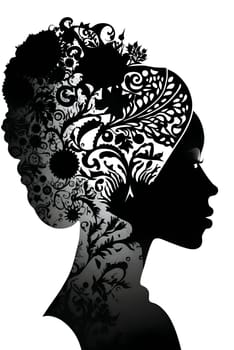 Vector illustration of a woman portrait in black silhouette against a clean white background, capturing graceful forms.