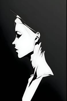 Vector illustration of a woman portrait in white silhouette against a clean black background, capturing graceful forms.