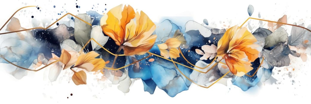 Abstract luxury floral watercolor banner with elegance elements and splashes. Golden line with blue and gold flower decorated and line arrangement with white background. Elegant design concept. AIG35.