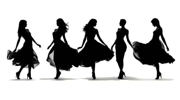Vector illustration of dancing girls in black silhouette against a clean white background, capturing graceful forms.