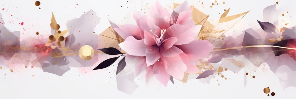 Abstract geometric watercolor banner with dynamic shapes and splatters. Pink flower and leaves line arrangement or composition with white background. Modern art concept for creative design. AIG35.