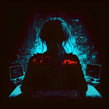 Vector illustration of a girl in front of the monitor in black silhouette against a clean blue background, capturing graceful forms.