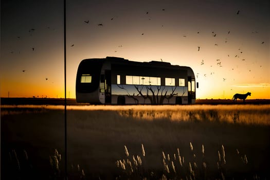 Vector illustration of a bus in black silhouette against a clean sunset background, capturing graceful forms.
