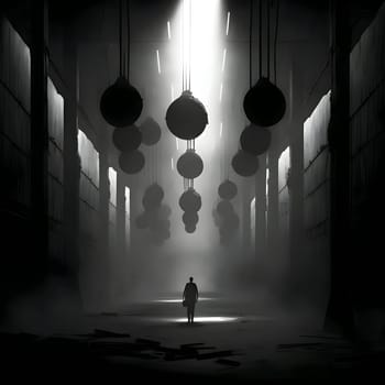 Vector illustration of a man in an abandoned building in black silhouette against a clean gloomy background, capturing graceful forms.