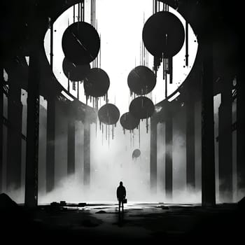 Vector illustration of a man in an abandoned building in black silhouette against a clean gloomy background, capturing graceful forms.