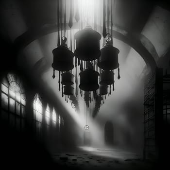 Vector illustration of a man in an abandoned building in black silhouette against a clean gloomy background, capturing graceful forms.