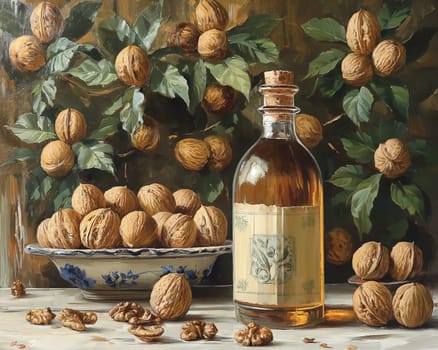 Walnut Oil and Whole Walnuts on Table. Selective focus.