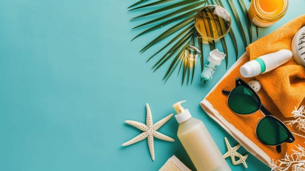 A plastic bottle of sunscreen, stylish sunglasses, a soft towel, and colorful seashells placed on an electric blue surface resembling a swimming pool AIG50