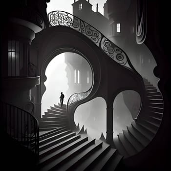 Vector illustration of a man in an abandoned building in black silhouette against a clean gloomy background, capturing graceful forms.