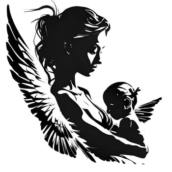 Black silhouette of a woman and baby on white background.