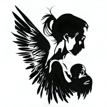 Black silhouette of a woman and baby on white background.