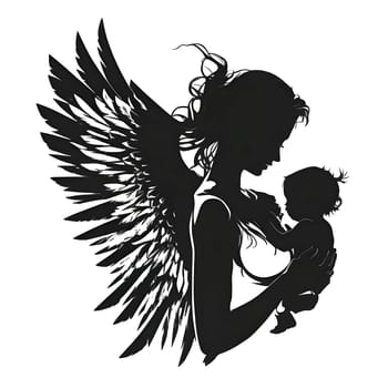 Black silhouette of a woman and baby on white background.