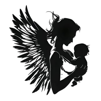 Black silhouette of a woman and baby on white background.