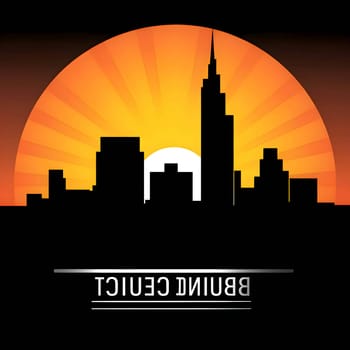 Vector illustration of buildings in black silhouette against a clean sunset background, capturing graceful forms.