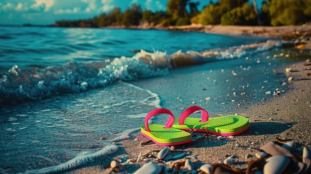 A pair of flip flops in electric blue sit on the beach next to the azure ocean, signifying leisure and happiness in sportswear art AIG50