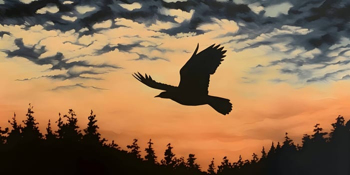 Vector illustration of a flying bird in black silhouette against a clean sunset background, capturing graceful forms.