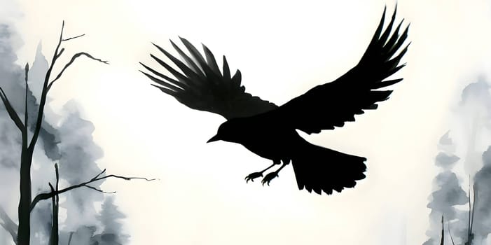 Vector illustration of a flying bird in black silhouette against a clean white background, capturing graceful forms.