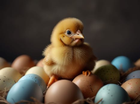 A small chicken chick sits in a nest surrounded by colorful eggs. Generative AI