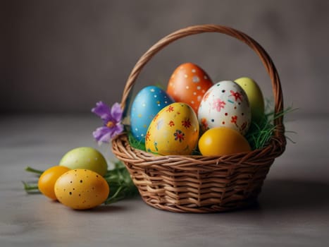 Painted Easter eggs in a basket on the table. Generative AI