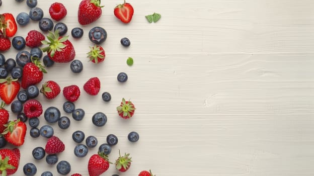 Fresh strawberries, raspberries, blueberries, and mint are beautifully displayed on a white wooden table. These vibrant natural foods are perfect ingredients for a berry cake recipe AIG50