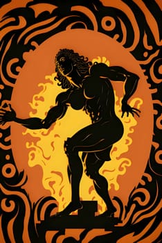 Vector illustration of ancient man in black silhouette against a clean orange background, capturing graceful forms.