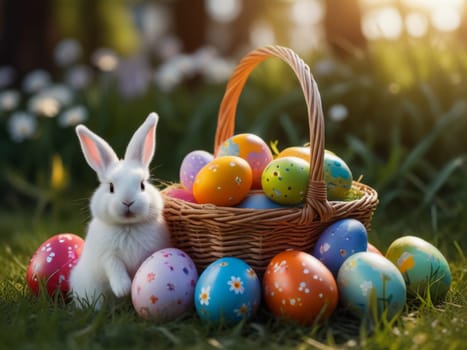 Image of a bunny with colorful Easter eggs. Generative AI