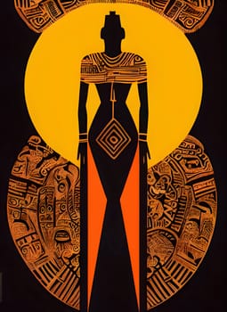 Vector illustration of an ancient egyptian god in black silhouette against a clean yellow and black background, capturing graceful forms.