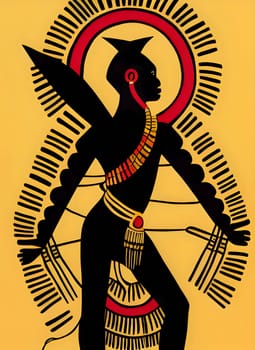 Vector illustration of an ancient egyptian god in black silhouette against a clean yellow and black background, capturing graceful forms.