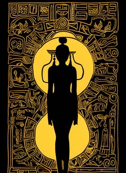 Vector illustration of an ancient egyptian god in black silhouette against a clean yellow and black background, capturing graceful forms.