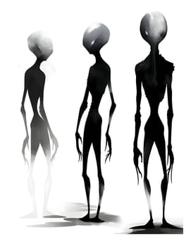 Vector illustration of aliens in black silhouette against a clean white background, capturing graceful forms.