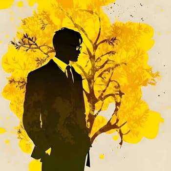 Vector illustration of a man with glasses in black silhouette against a yellow tree background, capturing graceful forms.