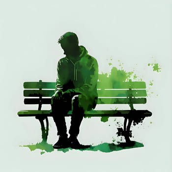 Vector illustration of a man on a bench in green silhouette against a clean white background, capturing graceful forms.