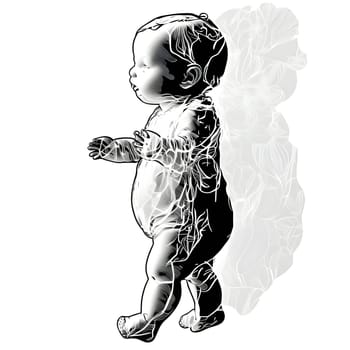 Vector illustration of a baby in black silhouette against a clean white background, capturing graceful forms.