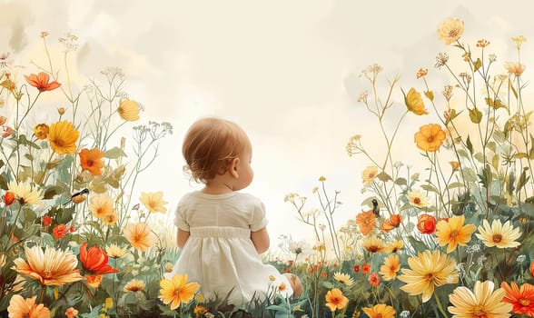 Toddler Among Blooming Flowers. Selective focus.